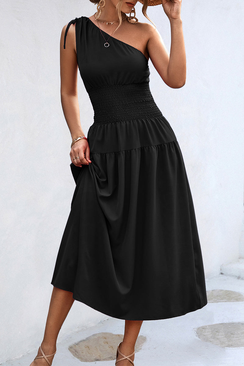 Simplicity Frenulum Oblique Collar Waist Skirt Dresses