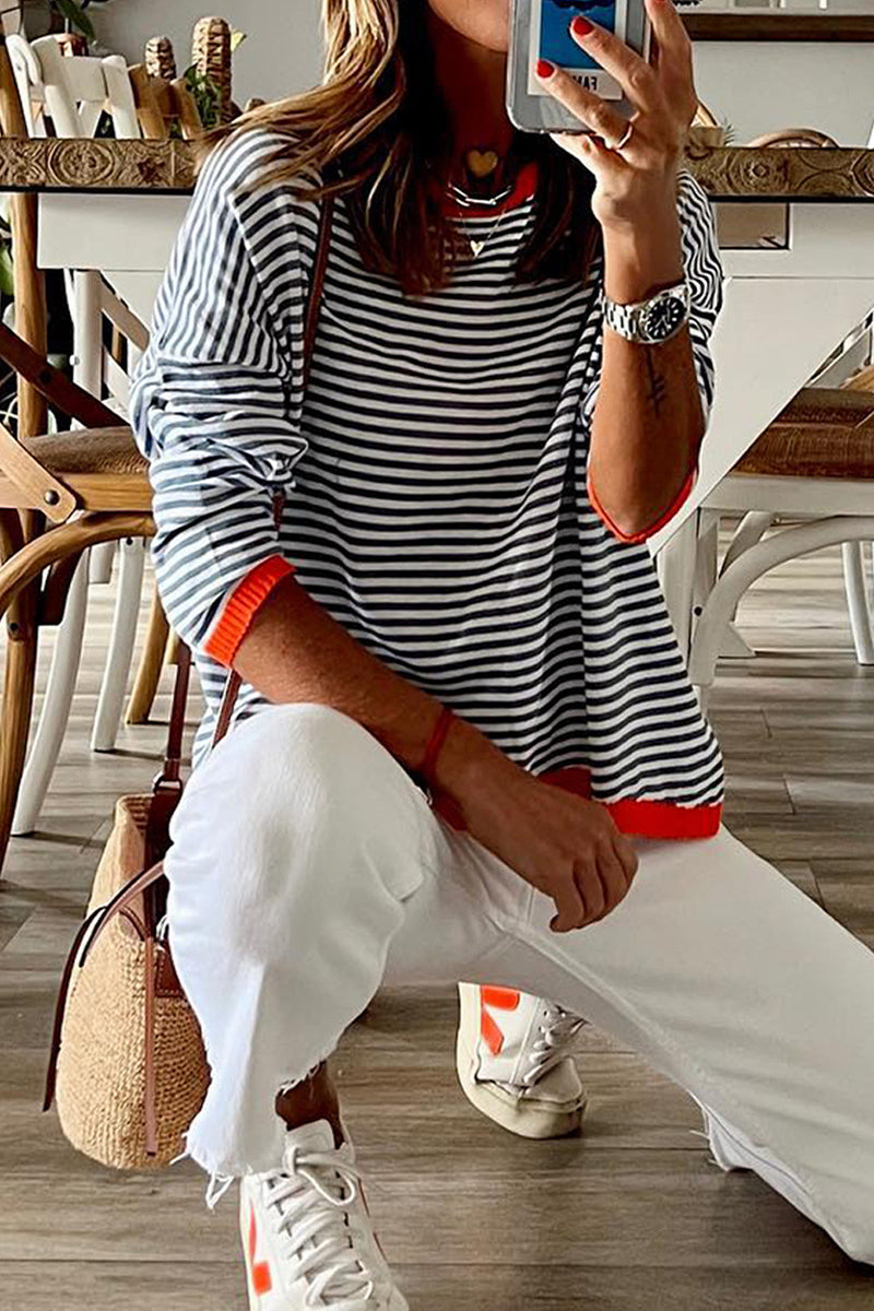 Striped Contrast O Neck Sweaters