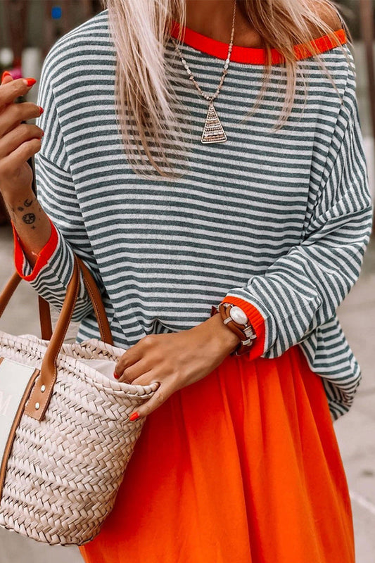 Striped Contrast O Neck Sweaters