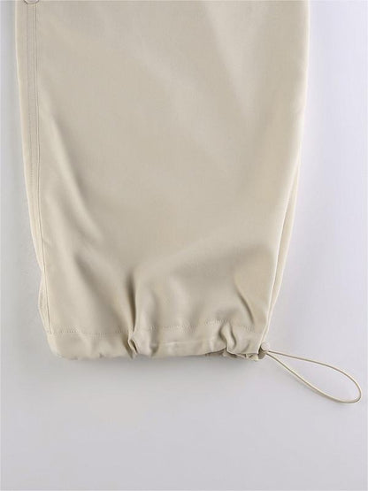 Beige Baggy Parachute Cargo Pants With Drawstring