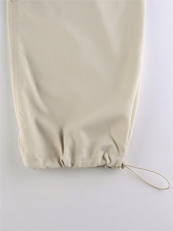 Beige Baggy Parachute Cargo Pants With Drawstring
