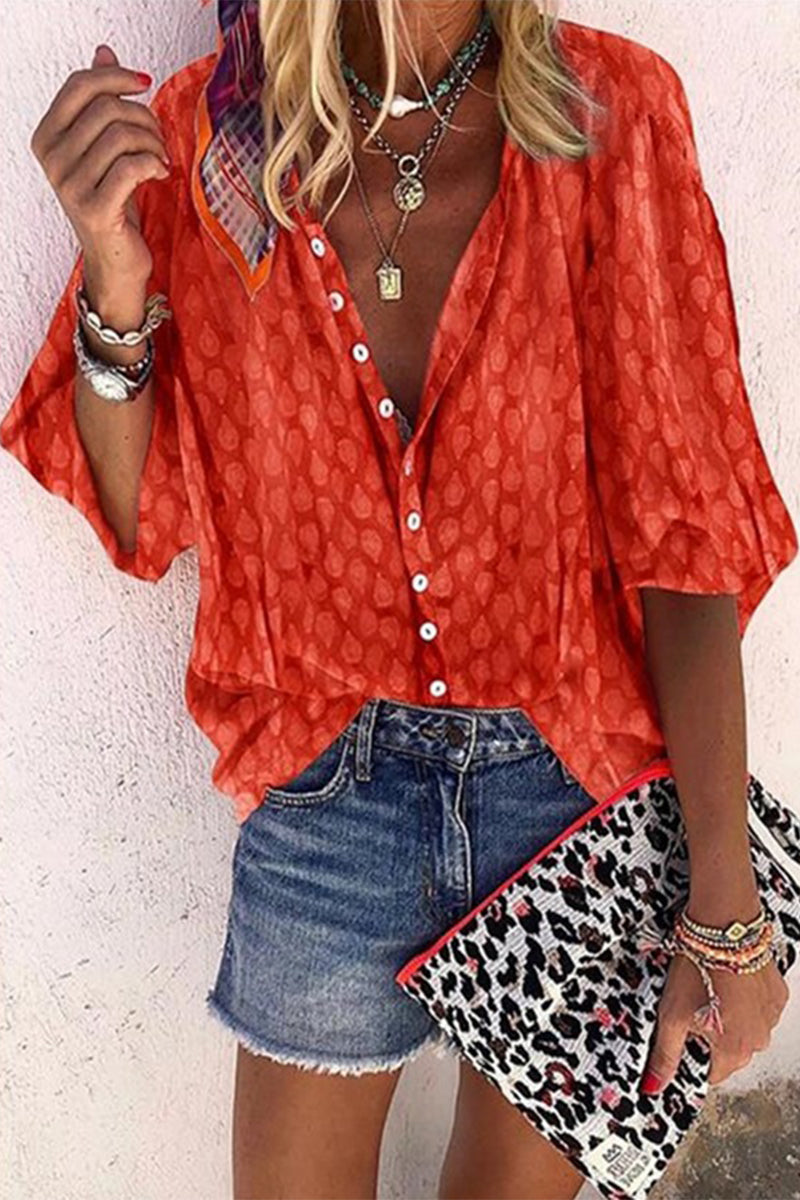 Print Buttons Turndown Collar Blouses(6 Colors)