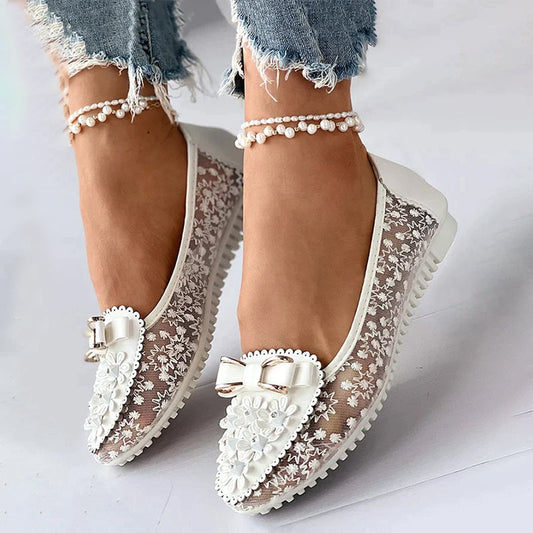 Applique Bowknot Decor Wedding Bridal Shoes Lace Split Joint Ballet Flats