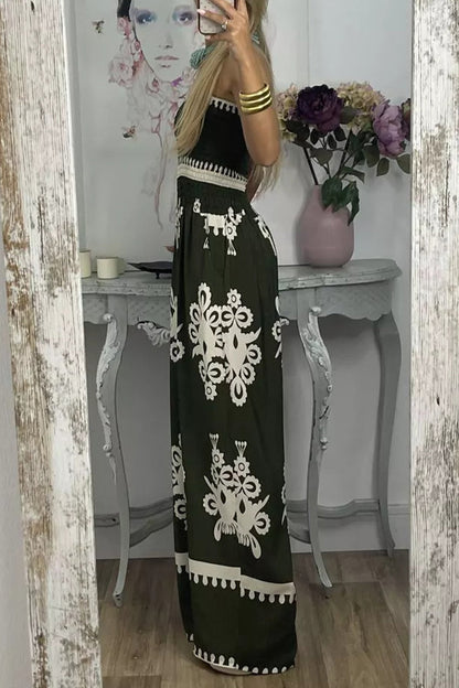 Print Pocket Strapless Loose Jumpsuits