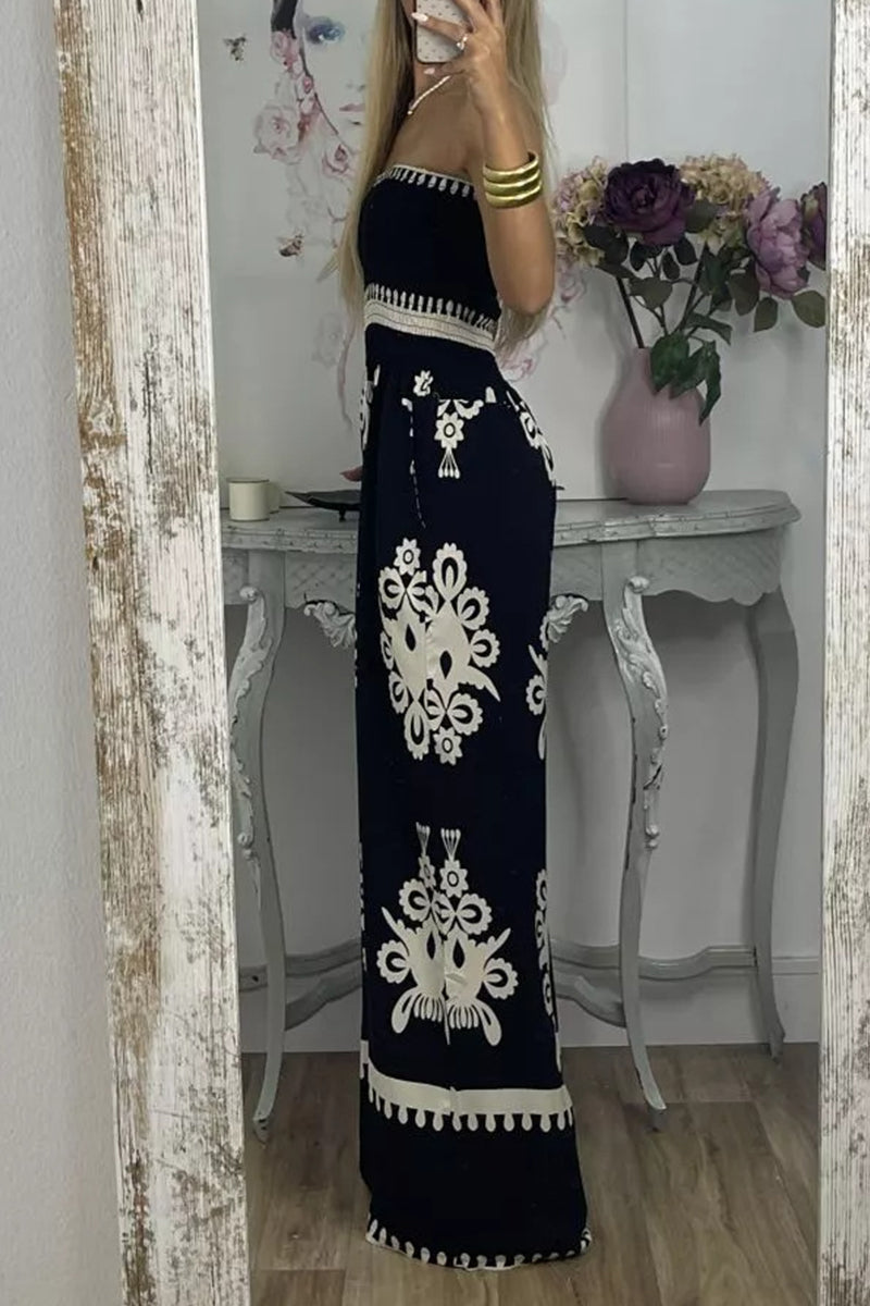Print Pocket Strapless Loose Jumpsuits