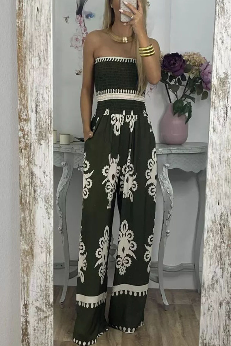 Print Pocket Strapless Loose Jumpsuits
