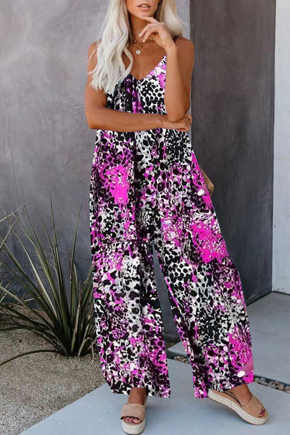 Street Print Pocket V Neck Loose Jumpsuits
