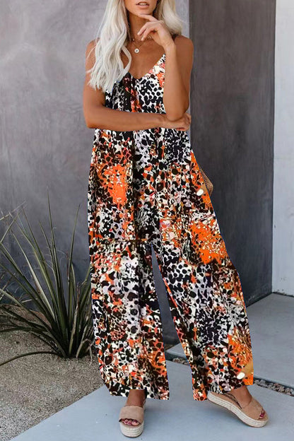 Street Print Pocket V Neck Loose Jumpsuits