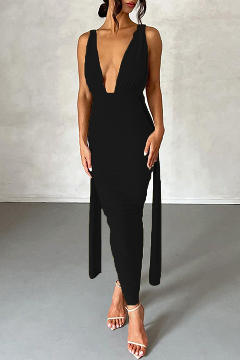 Backless Slit Fold V Neck Wrapped Skirt Dresses