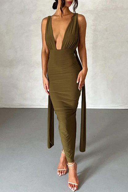 Backless Slit Fold V Neck Wrapped Skirt Dresses
