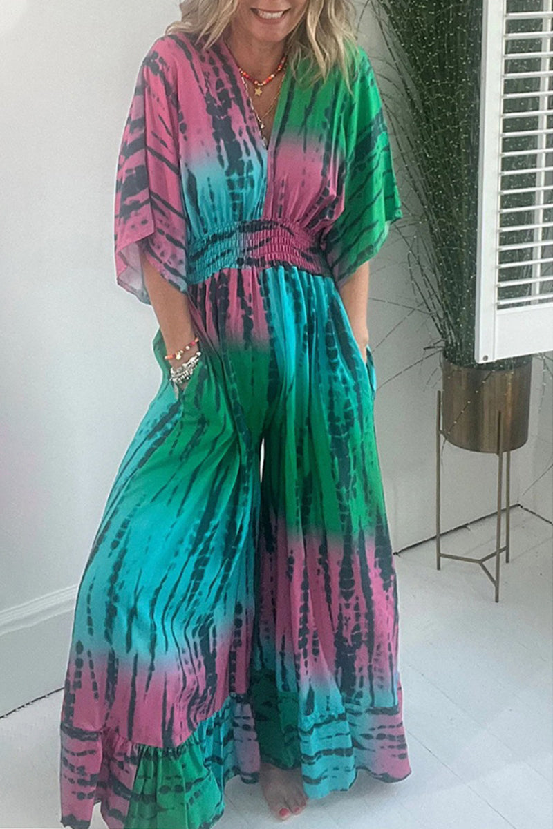 Print Pocket V Neck Loose Jumpsuits