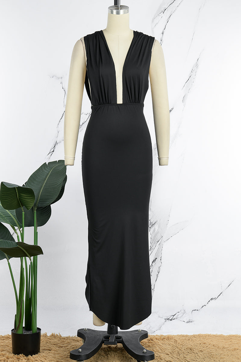 Backless Slit Fold V Neck Wrapped Skirt Dresses