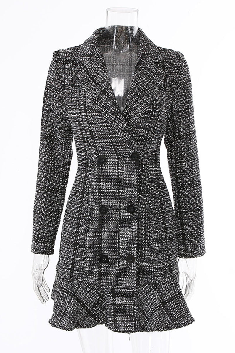 Celebrities Plaid Patchwork Turn-back Collar Waist Skirt Dresses