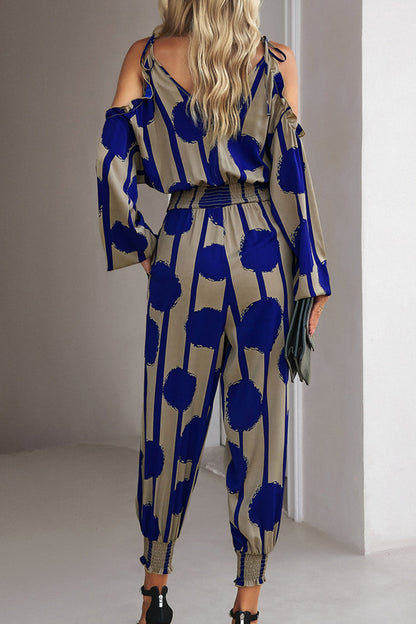 Striped Dot Patchwork V Neck Jumpsuits