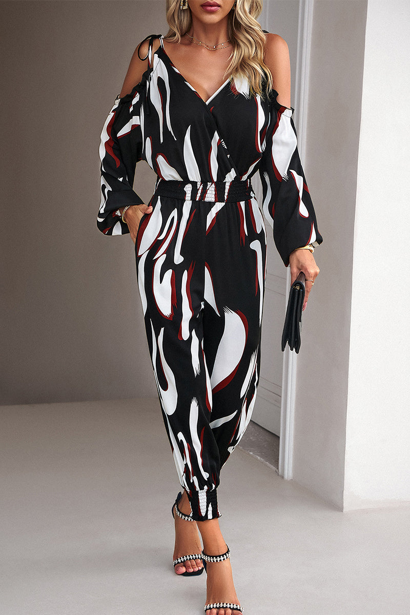 Striped Dot Patchwork V Neck Jumpsuits