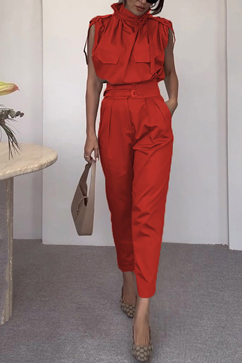 Street Patchwork Turtleneck Regular Jumpsuits