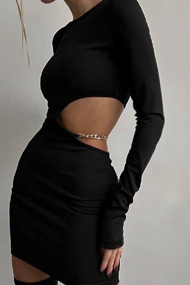 Hollowed Out Metal Accessories Decoration O Neck Wrapped Skirt Dresses