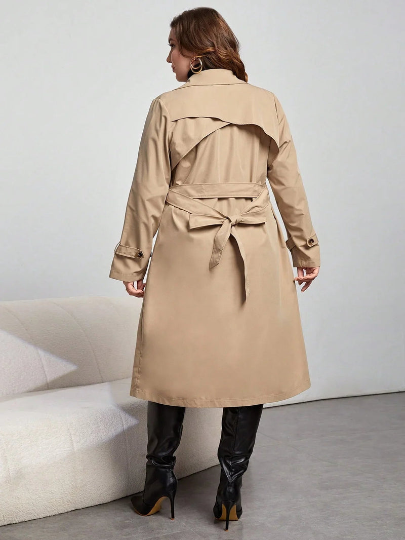 Lapel Belted Double Breasted Trench Coat Khaki Winter Ready