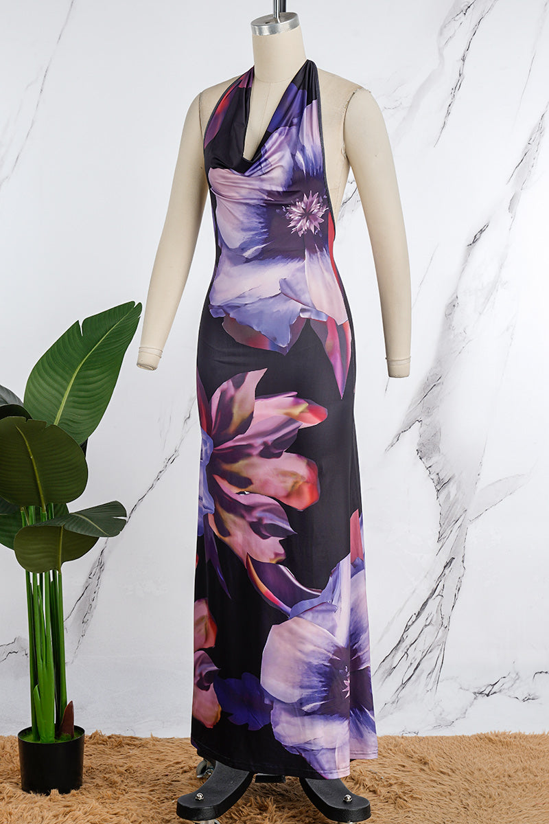 Print Backless Halter One Step Skirt Dresses