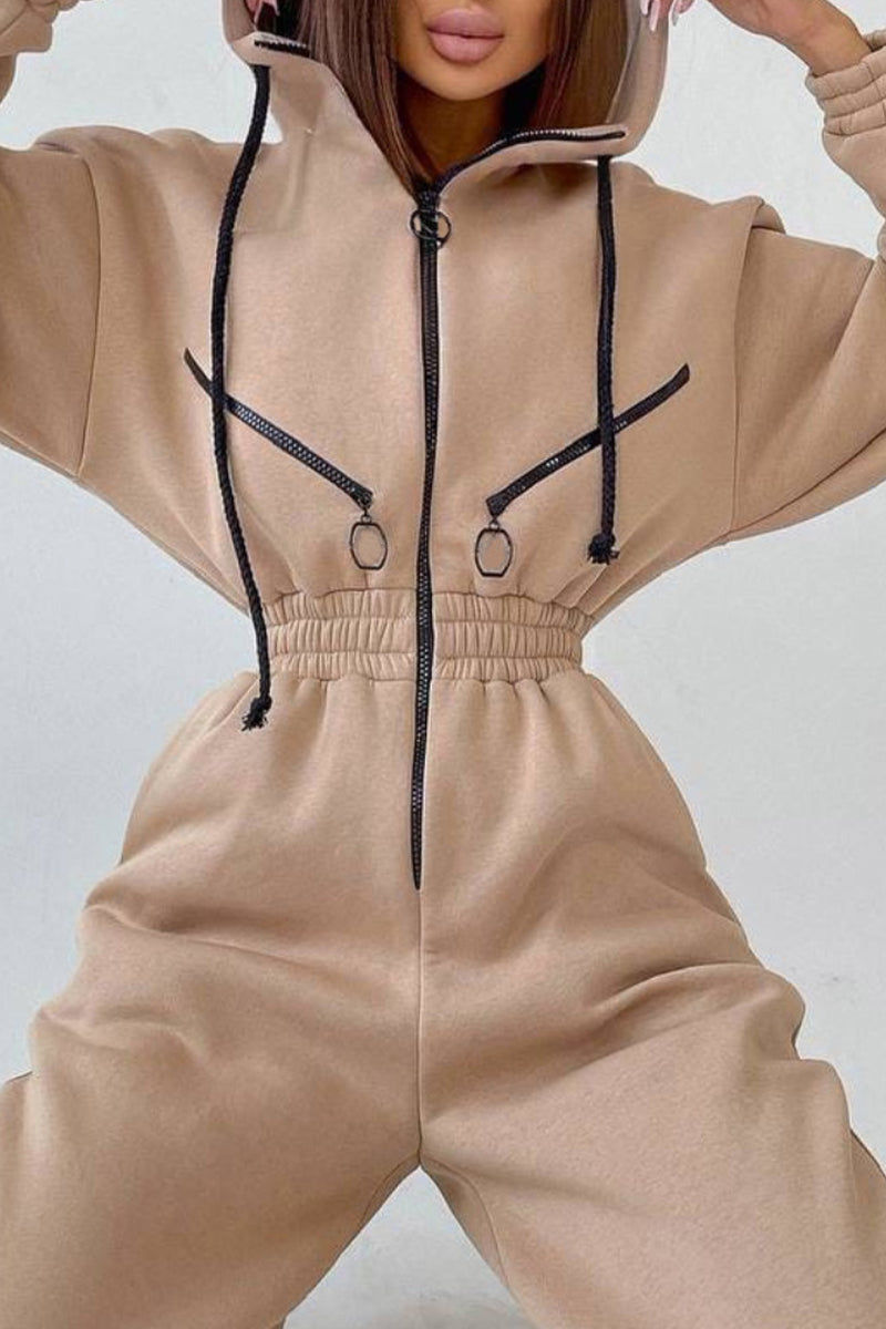 Street Patchwork Hooded Collar Jumpsuits