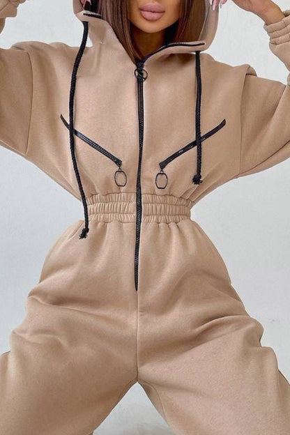 Street Patchwork Hooded Collar Jumpsuits