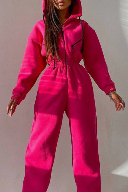 Street Patchwork Hooded Collar Jumpsuits