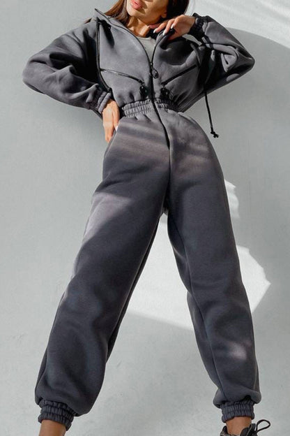 Street Patchwork Hooded Collar Jumpsuits