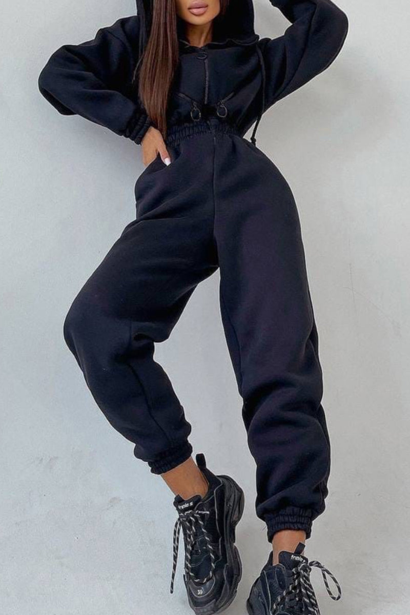 Street Patchwork Hooded Collar Jumpsuits