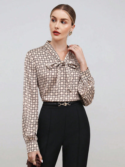 Satin Blouse Allover Print Tie Collar Loose Fit