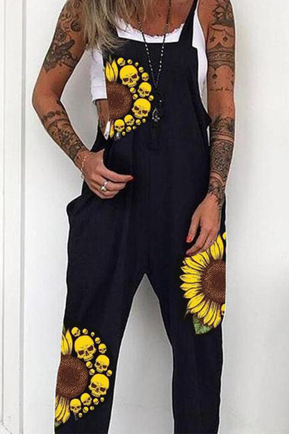 College Skull Head Print Pocket U Neck Loose Jumpsuits