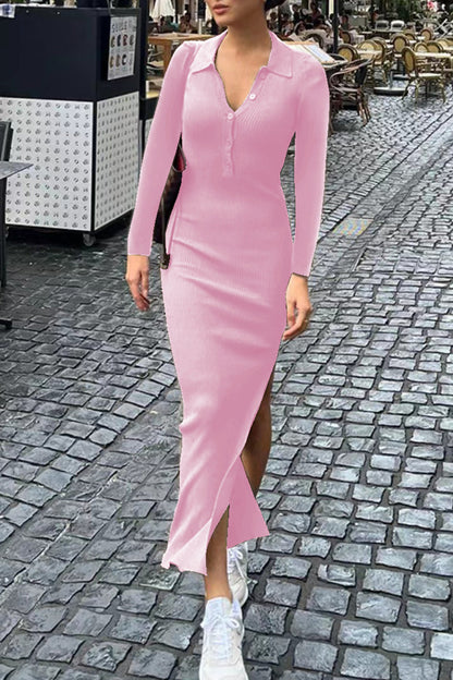 Buttons Slit Turndown Collar One Step Skirt Dresses(6 Colors)