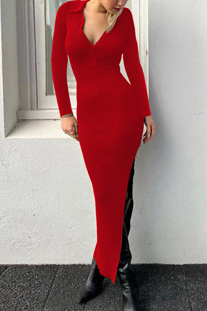 Buttons Slit Turndown Collar One Step Skirt Dresses(6 Colors)