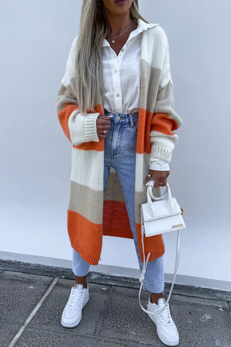 Street Striped Contrast Cardigan Collar Outerwear