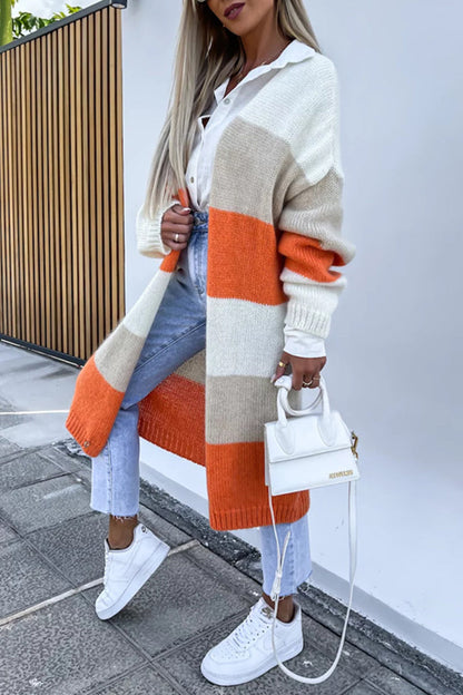 Street Striped Contrast Cardigan Collar Outerwear