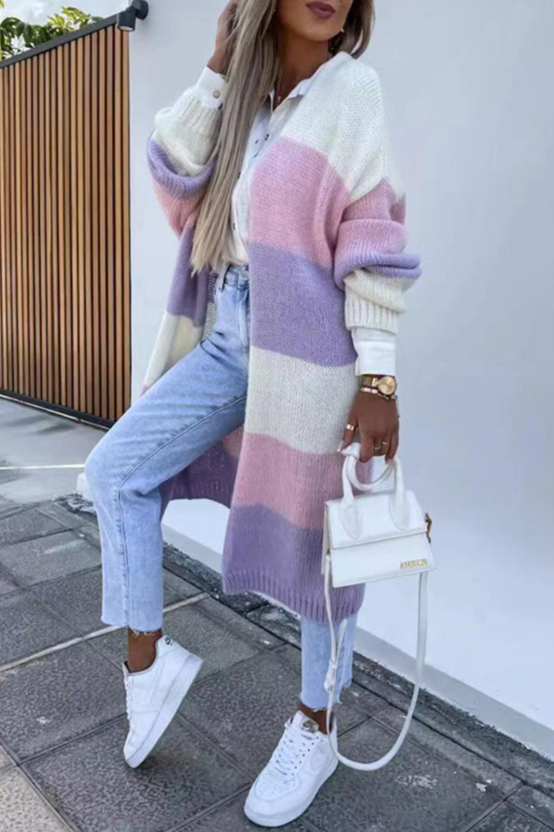 Street Striped Contrast Cardigan Collar Outerwear
