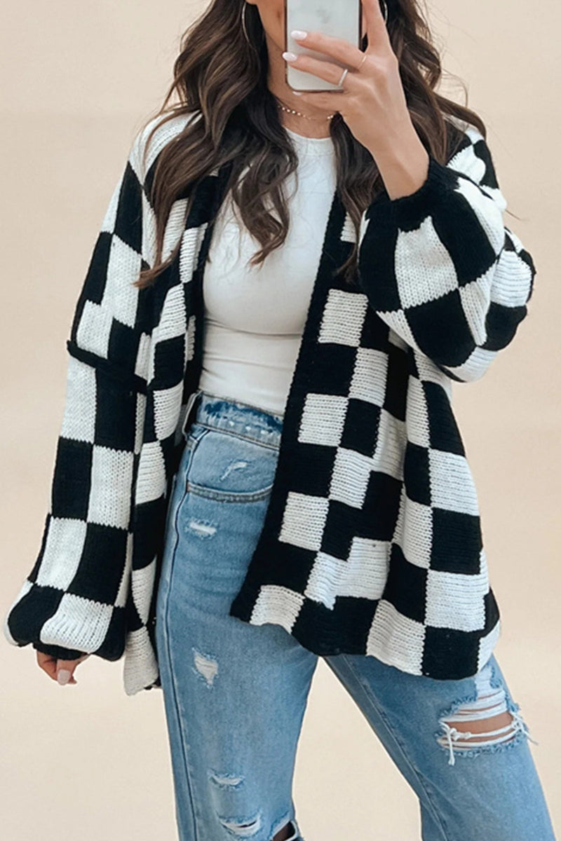 Plaid Contrast Cardigan Collar Outerwear(3 Colors)