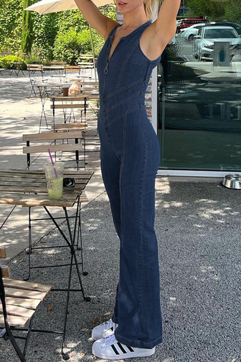 Street Backless Zipper V Neck Regular Jumpsuits