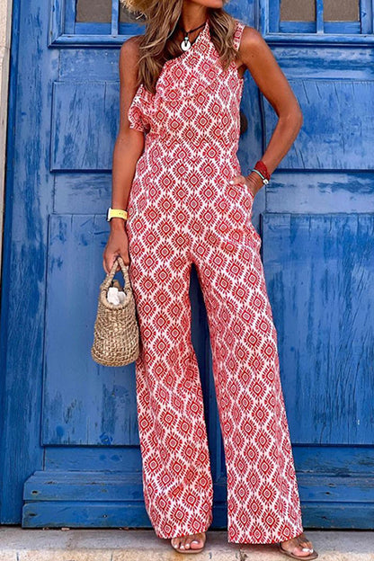 Print Pocket Oblique Collar Straight Jumpsuits