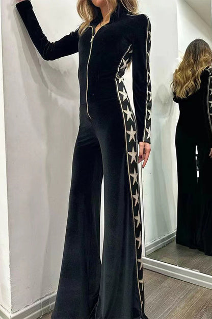 Patchwork Zipper Half a Turtleneck Regular Jumpsuits