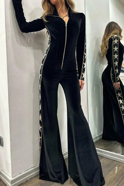 Patchwork Zipper Half a Turtleneck Regular Jumpsuits