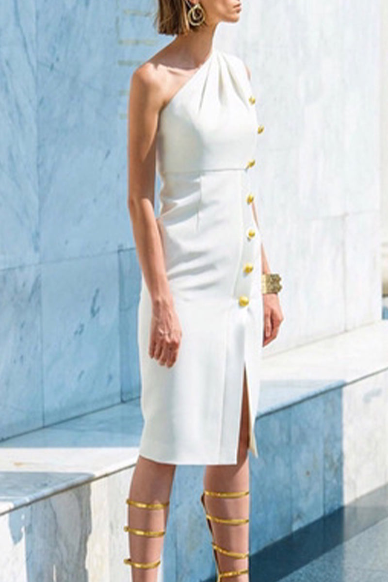 Buttons Oblique Collar One Step Skirt Dresses
