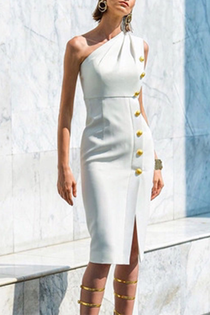Buttons Oblique Collar One Step Skirt Dresses