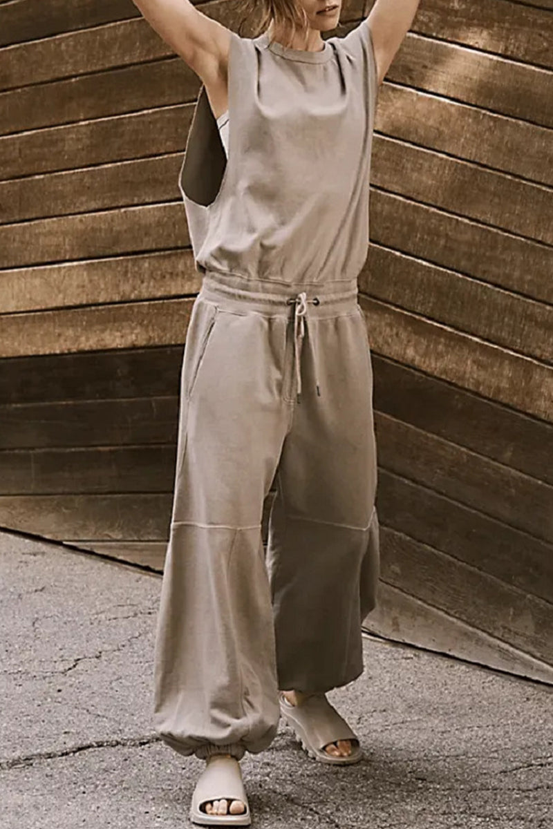 Simplicity Pocket Frenulum Backless O Neck Loose Jumpsuits