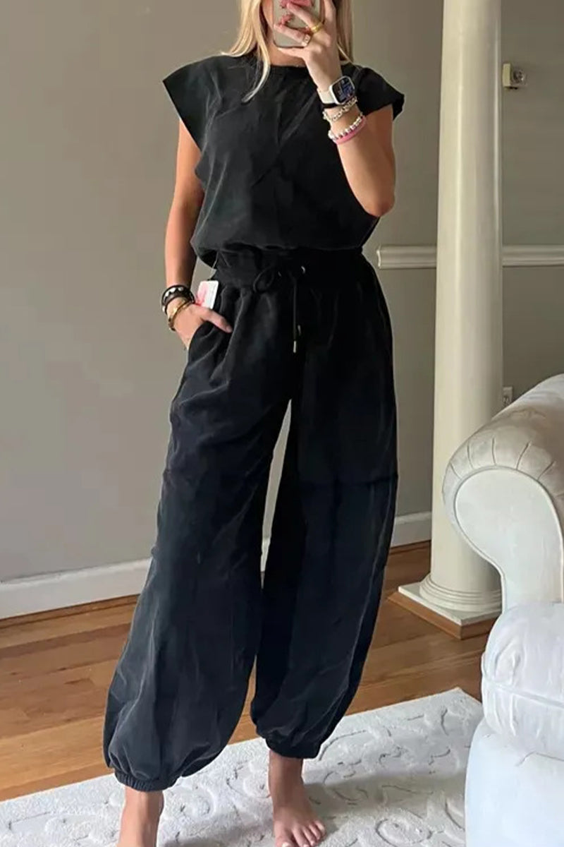 Simplicity Pocket Frenulum Backless O Neck Loose Jumpsuits