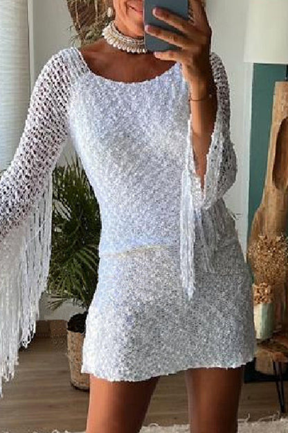 Tassel Hollowed Out O Neck Wrapped Skirt Dresses