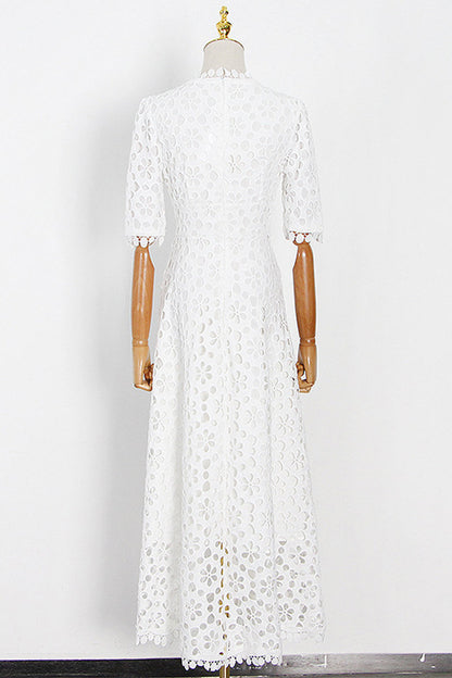 Hollowed Out V Neck Waist Skirt Short Sleeve Dress