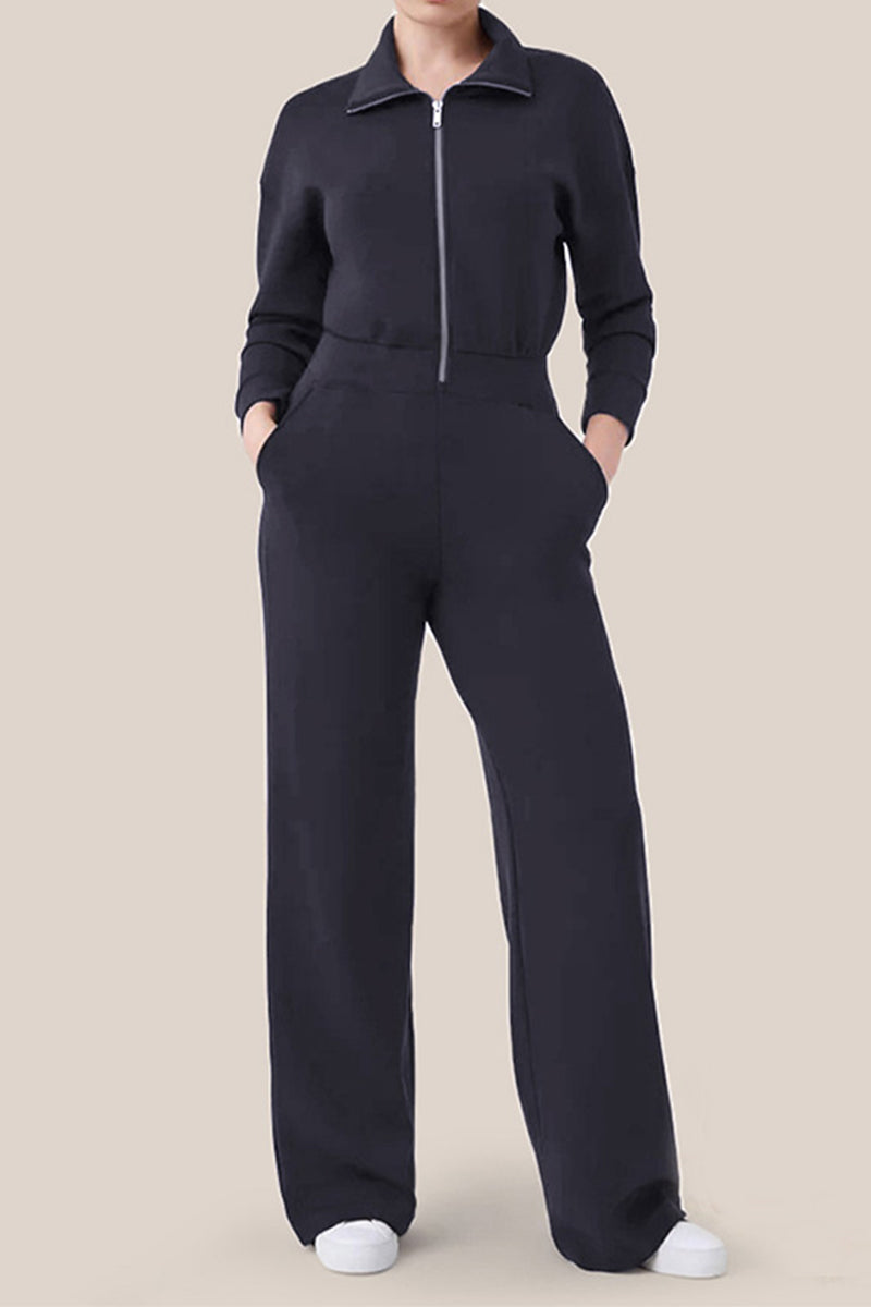 Simplicity Pocket Zipper Turndown Collar Jumpsuits