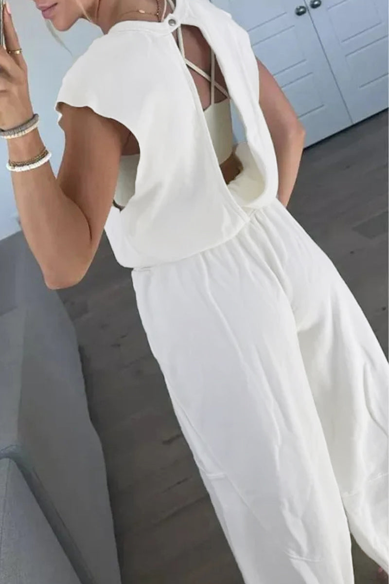 Simplicity Pocket Frenulum Backless O Neck Loose Jumpsuits