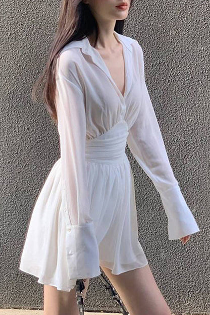 Sweet Buckle Turndown Collar Waist Skirt Dresses