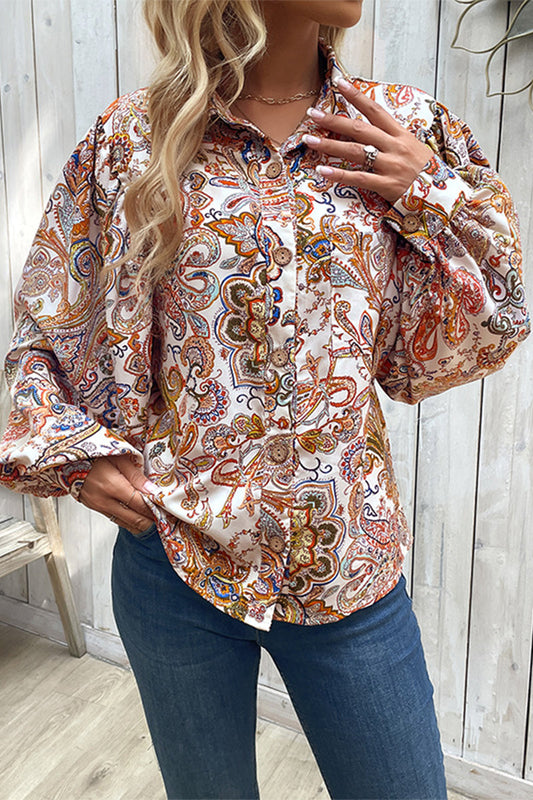 Print Buckle Turndown Collar Blouses